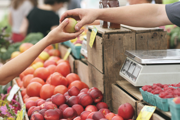 Close up on the hands of one person selling an apple to another at a farmers' market