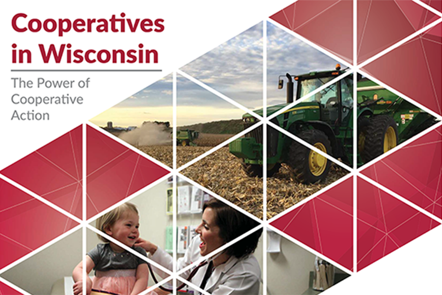 a graphic featuring a doctor and a small child as a well as a separate photo of a tractor in a field. The text states, "Cooperatives in Wisconsin: The Power of Cooperative Action"