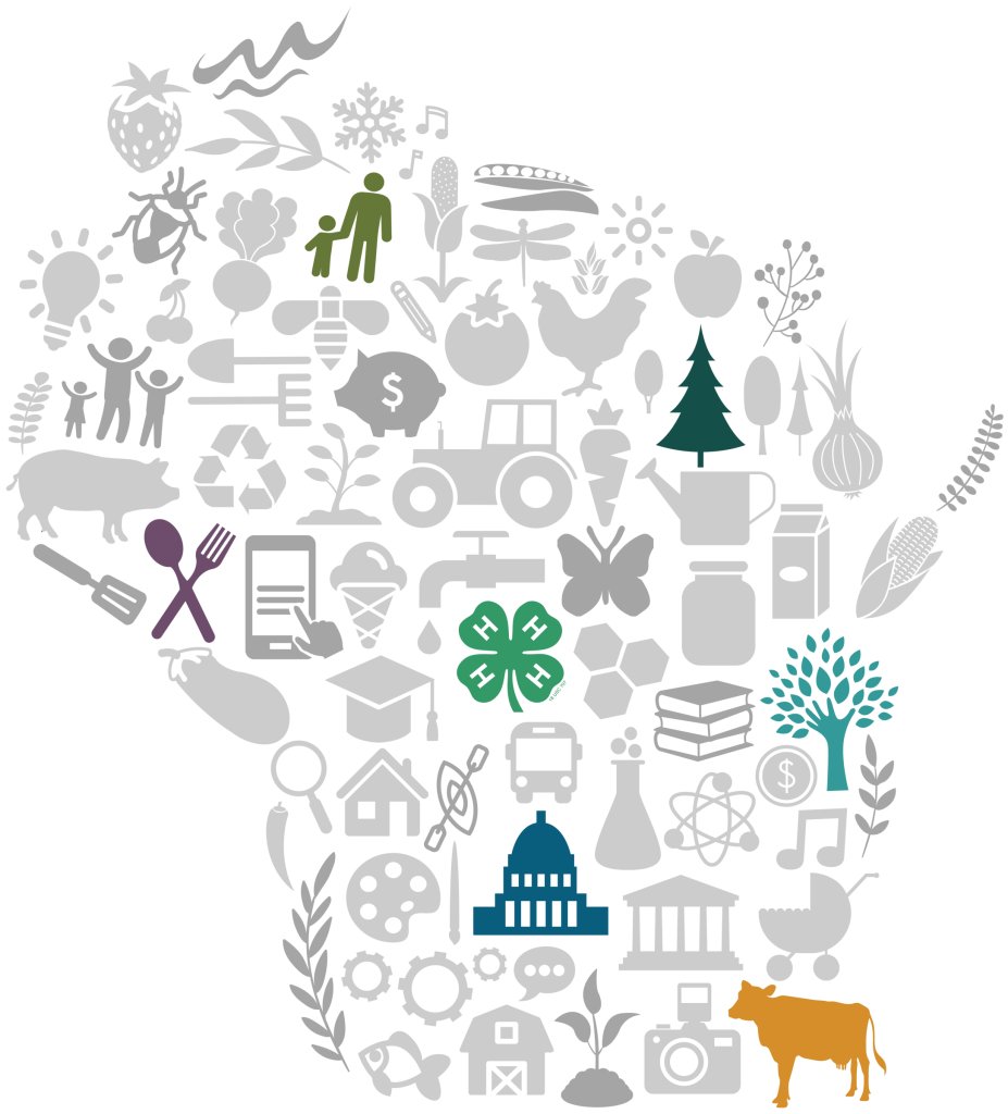 graphic of wisconsin outline with icons for extension programming
