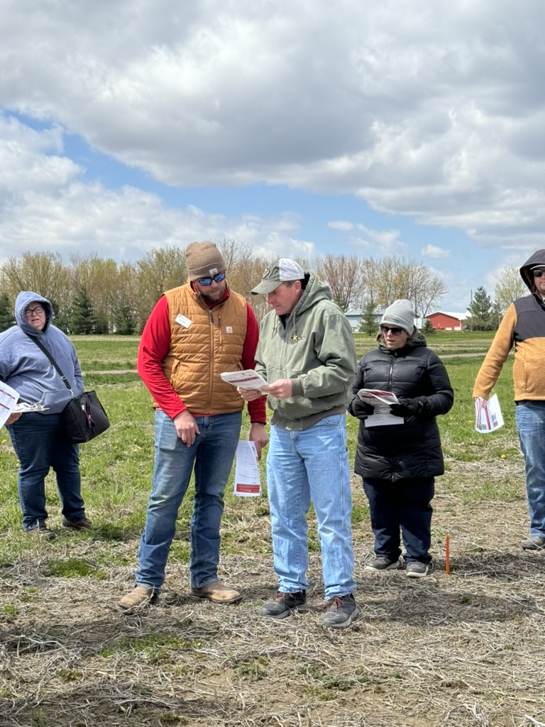 Image of two people in a field looking at a piece of paper together. 