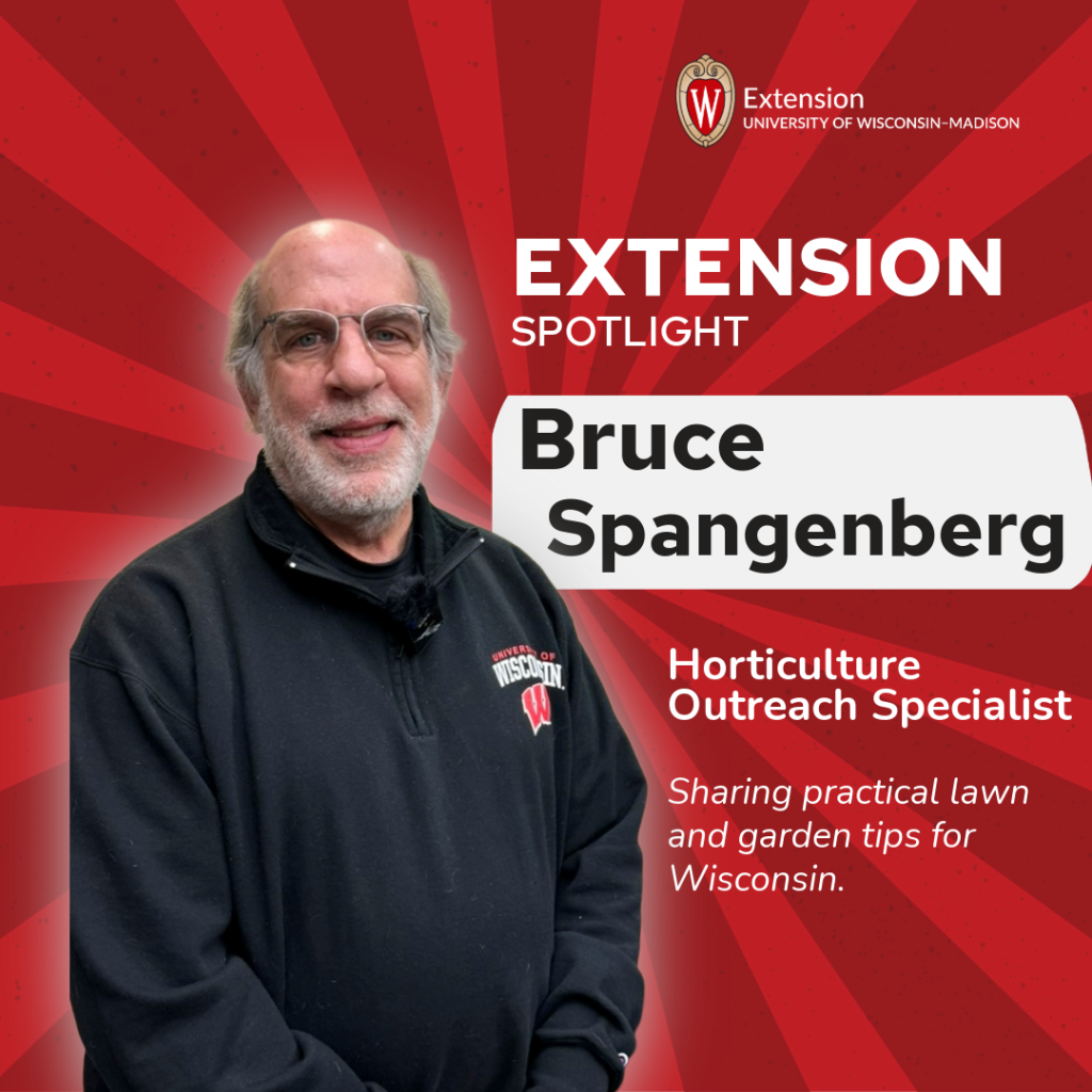 Image with a red background and text: Extension Spotlight Bruce Spangenberg Horticulture Outreach Specialist. Image of a male Extension Staff member