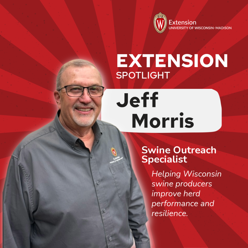 Image with a red background and text: Extension Spotlight Jeff Morris Swine Outreach Specialist. Image of a male Extension Staff member